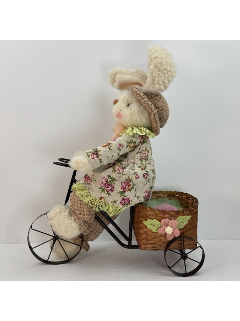 Floral Bunny Plush Doll On Metal Tricycle With Wicker Basket Floral Accents 19"